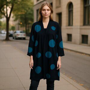 NWOT CHICO'S Spun Rayon Polka Dot Midi Cardigan Black Gren SZ-XXL